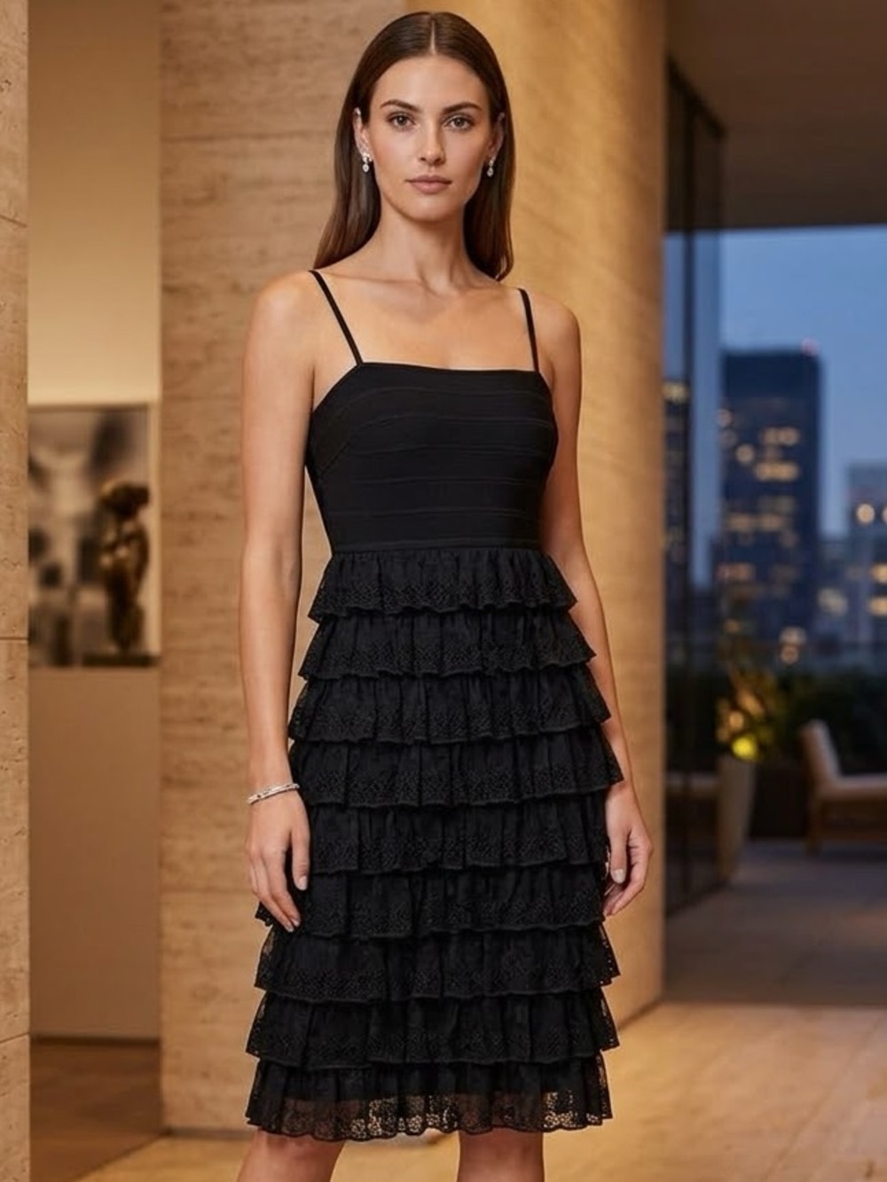Herve Leger Black Tiered Lace Cocktail Dress Bandage Bodice Size M